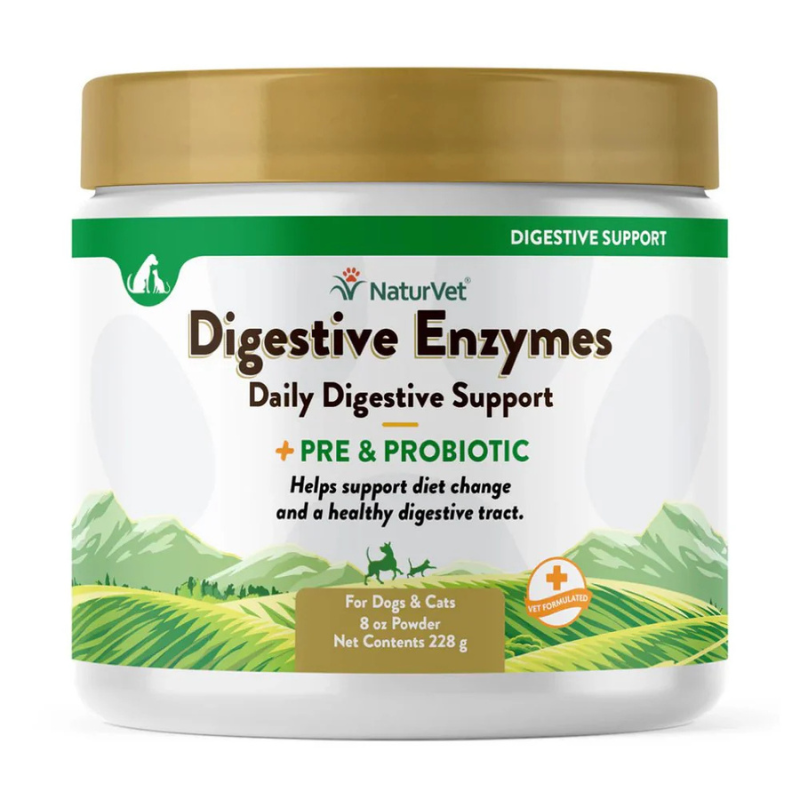 NaturVet Digestive Enzymes Powder Plus Pre & Probiotics Supplement For Dogs & Cats - 8oz